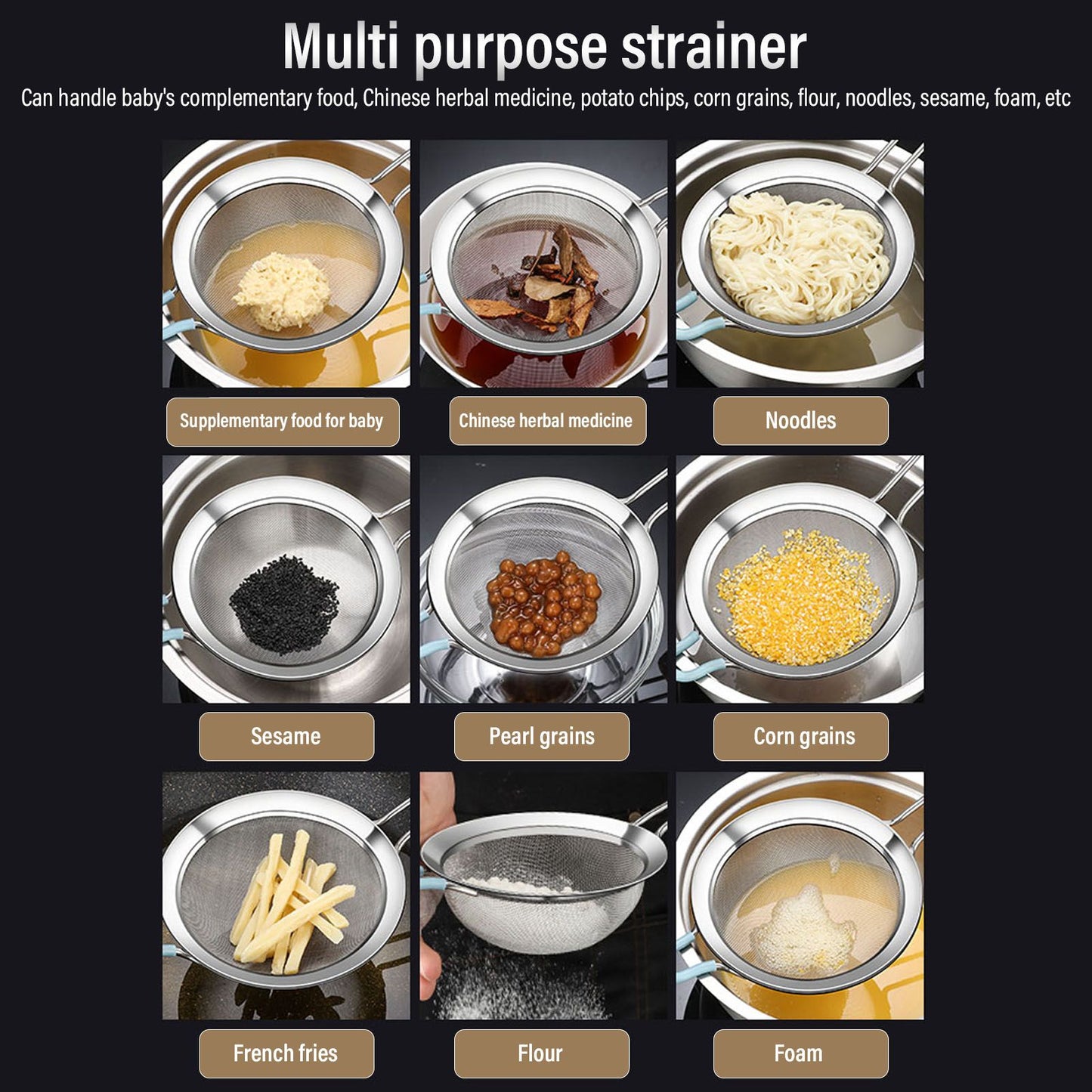60 Mesh Fine Strainer Stainless Steel Handheld Flour Colander with Long Handle for Kitchen 20cm/7.9in V1294-YM3118220234912-0421