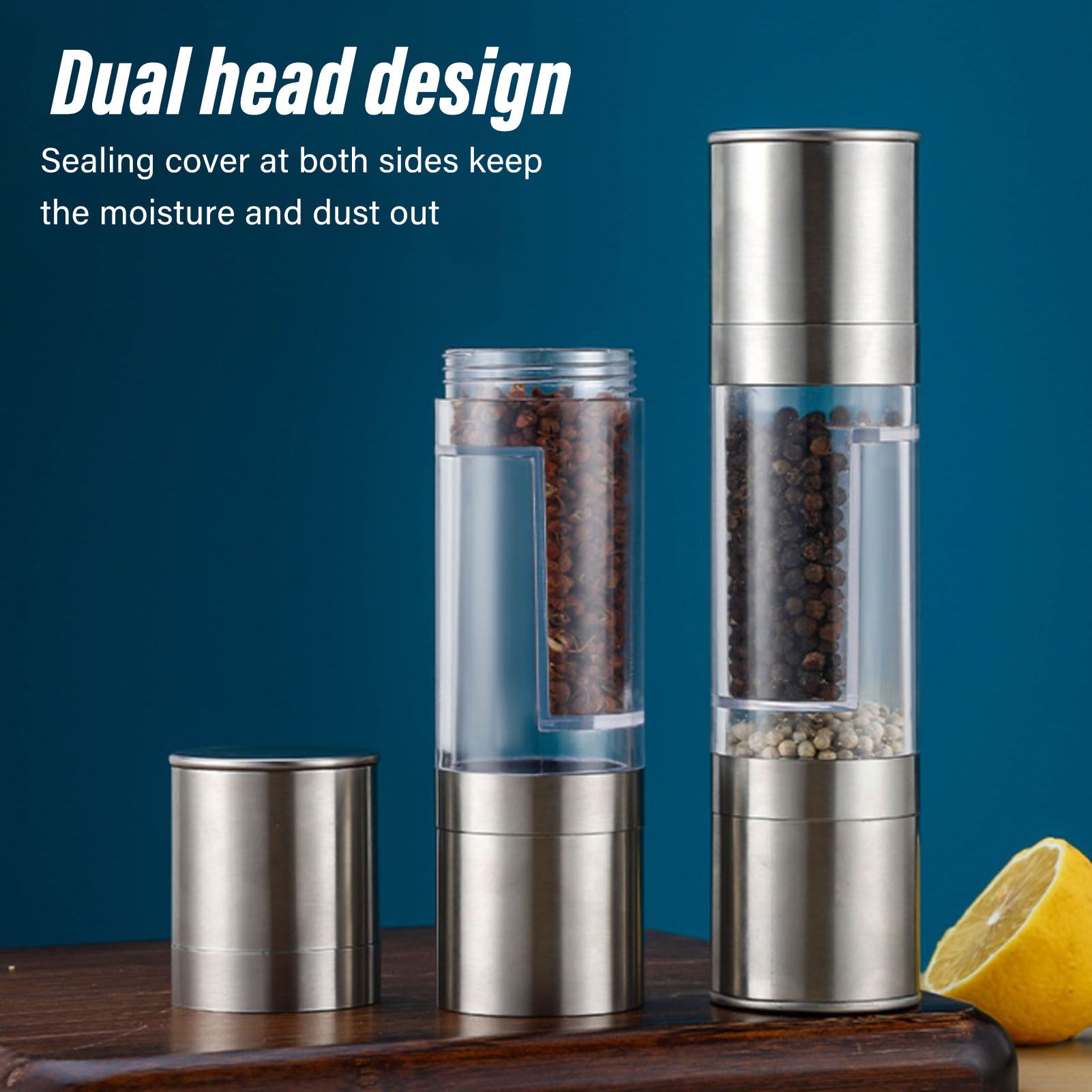 Salt and Pepper Grinder Stainless Steel Dual Head Adjustable Grind Size Manual Spice Grinder for Home Kitchen V1294-YM3118220242111-0421