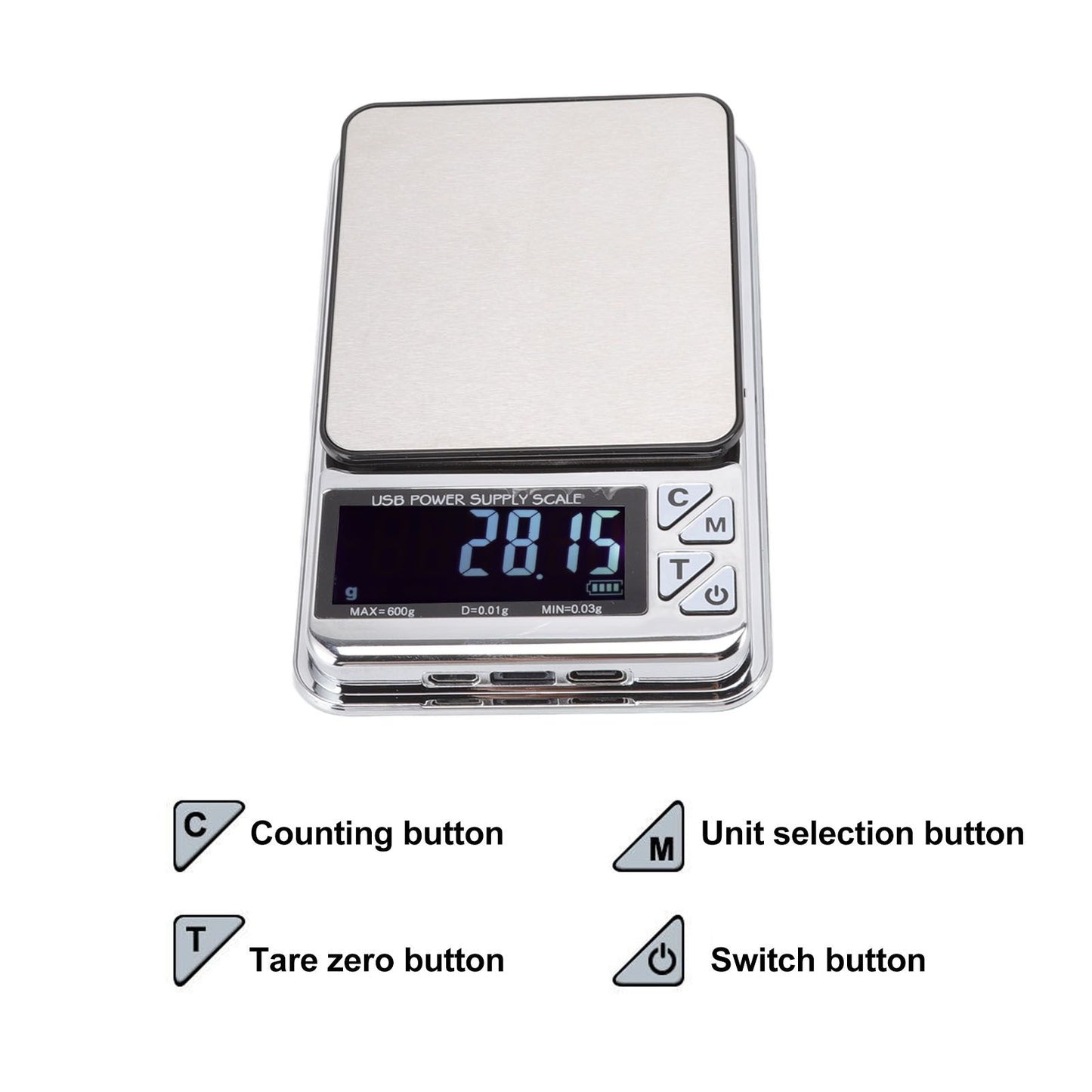 High Accuracy Digital Scale 600/0.01g LCD Display Waterproof USB Charging Electronic Scale for Kitchen Jewelry V1294-YM3118220246911-0421