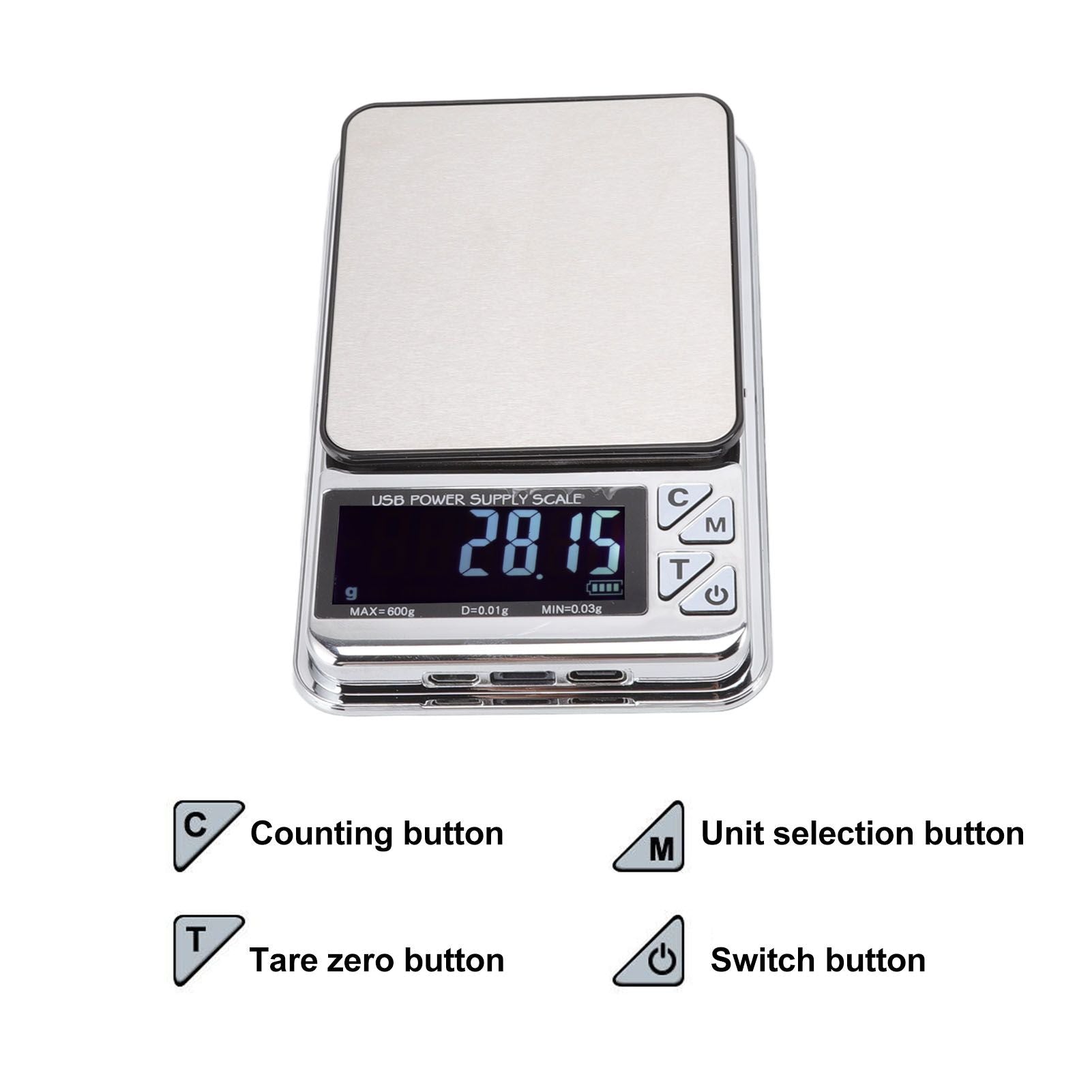 High Accuracy Digital Scale 600/0.01g LCD Display Waterproof USB Charging Electronic Scale for Kitchen Jewelry V1294-YM3118220246911-0421