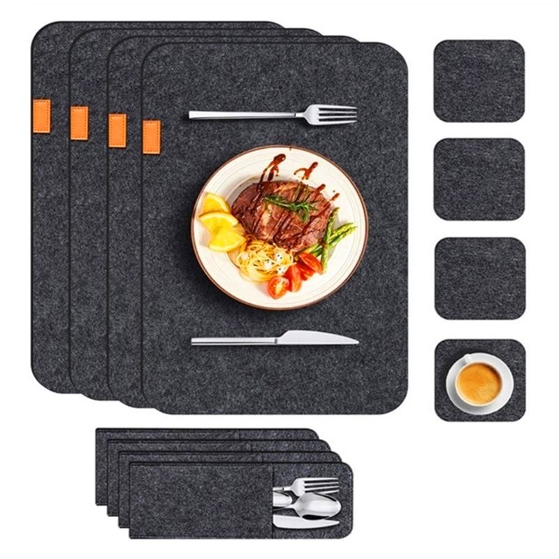 Placemat Cup Mat Set Felt Heat Insulation with Fork Bag Tableware Mat for Home Kitchen Dark Gray V1294-YM3118220253112-0421