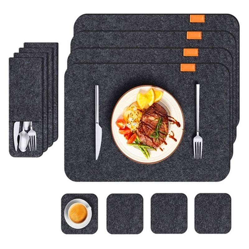 Placemat Cup Mat Set Felt Heat Insulation with Fork Bag Tableware Mat for Home Kitchen Dark Gray V1294-YM3118220253112-0421