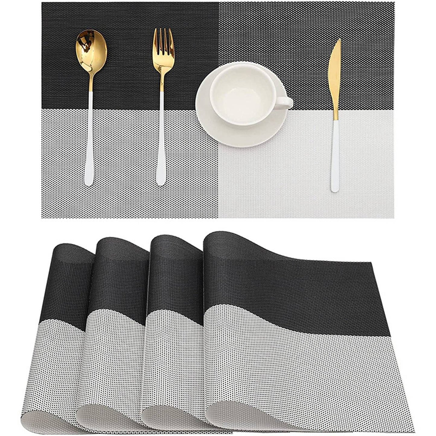 8pcs Placemats Easy Cleaning PVC Material Waterproof Black White Plaid Pattern Dining Placemats for Hotel V1294-YM3118220253211-0421