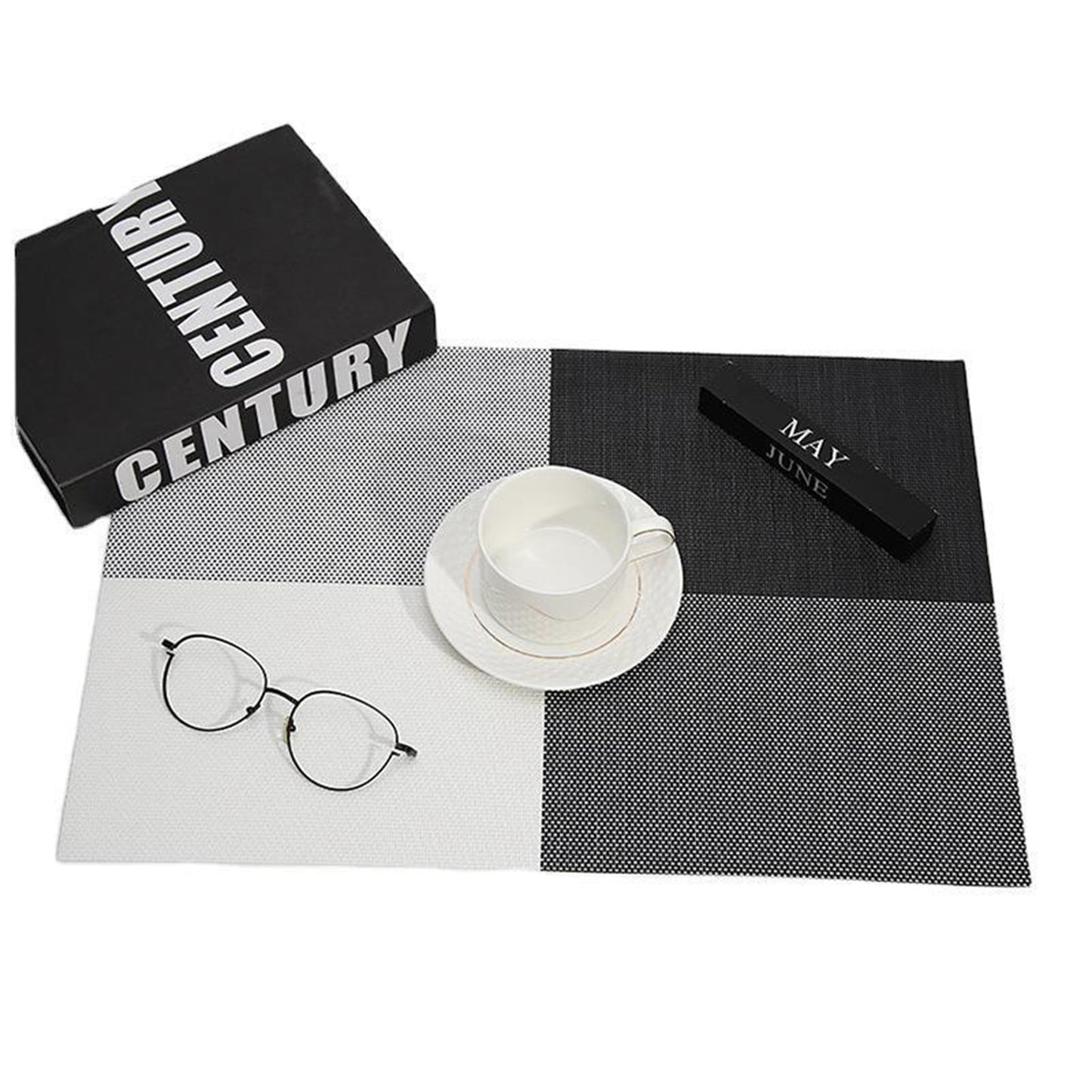 8pcs Placemats Easy Cleaning PVC Material Waterproof Black White Plaid Pattern Dining Placemats for Hotel V1294-YM3118220253211-0421