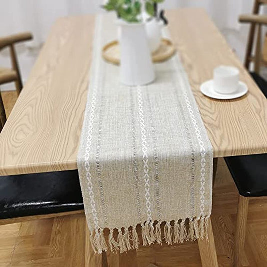 Retro Table Runner Elegant Hand Woven Cotton Linen Dining Table Runner with Tassels for Wedding Home Cross V1294-YM3118220253513-0421