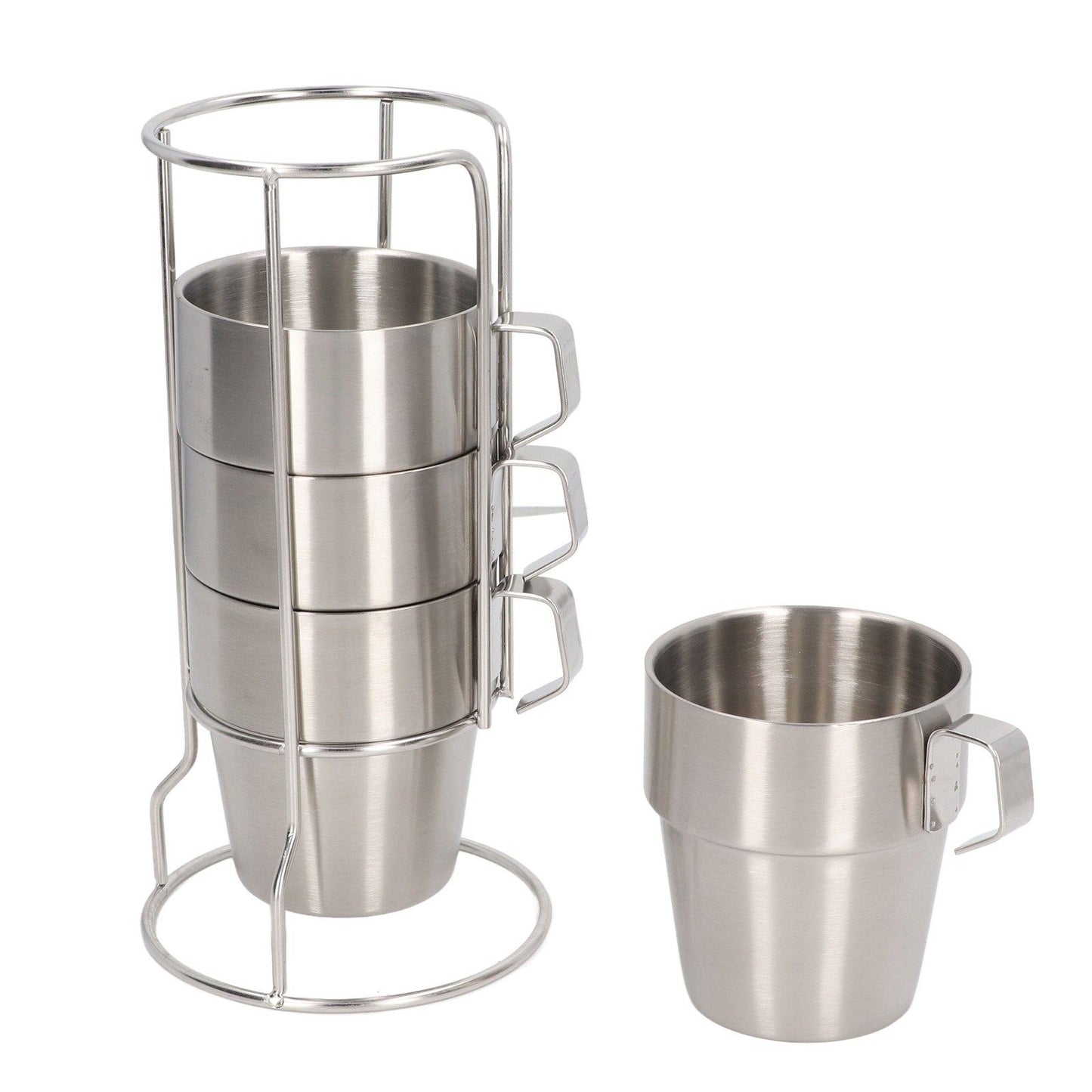 Stainless Steel Camping Cup Set of 4 Double Layer Coffee Mugs with Stand Holder Stackable Outdoor Cups for V1294-YM3118220254711-0421