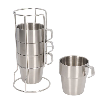 Stainless Steel Camping Cup Set of 4 Double Layer Coffee Mugs with Stand Holder Stackable Outdoor Cups for V1294-YM3118220254711-0421