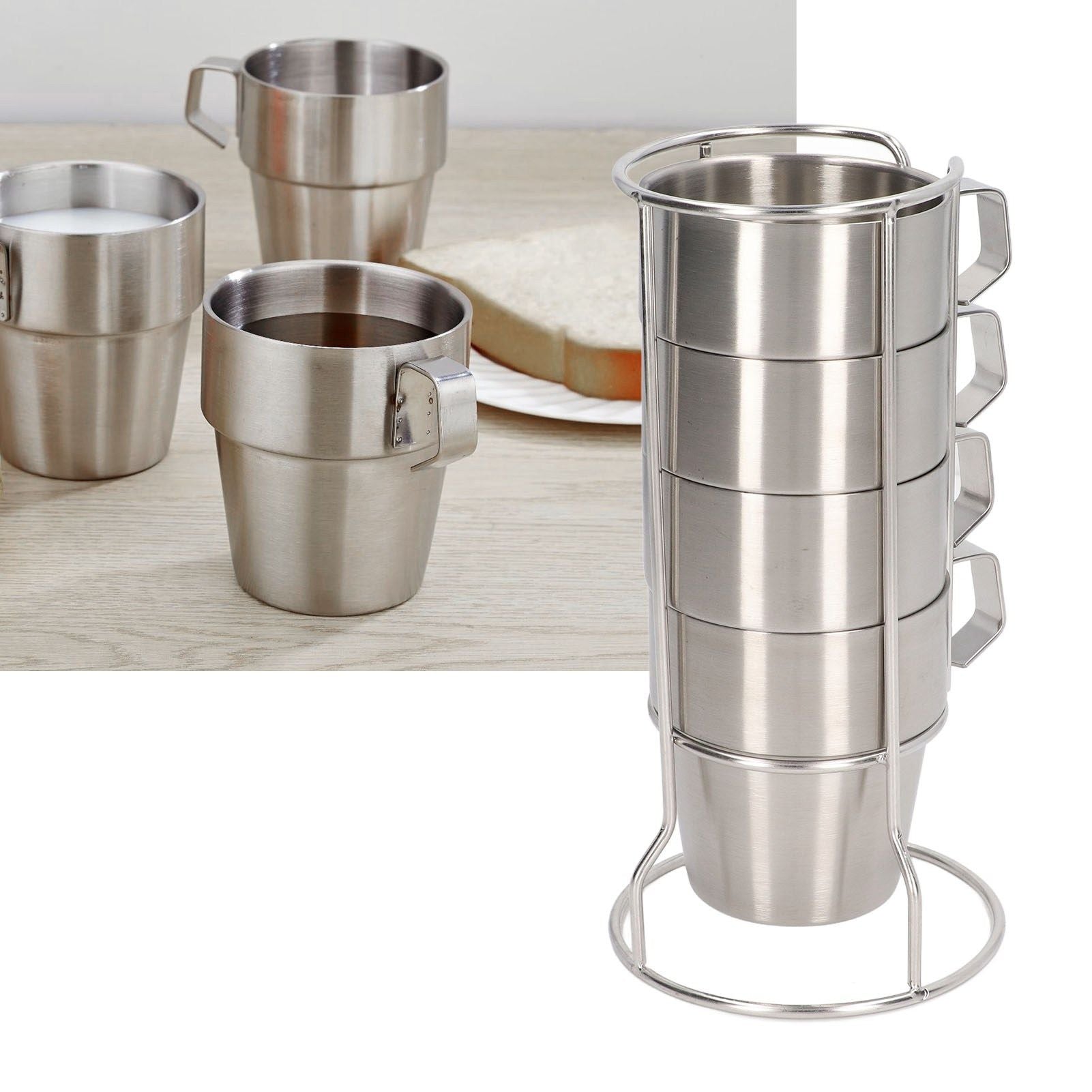 Stainless Steel Camping Cup Set of 4 Double Layer Coffee Mugs with Stand Holder Stackable Outdoor Cups for V1294-YM3118220254711-0421