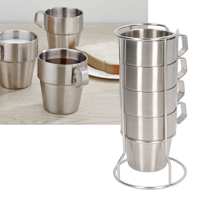 Stainless Steel Camping Cup Set of 4 Double Layer Coffee Mugs with Stand Holder Stackable Outdoor Cups for V1294-YM3118220254711-0421