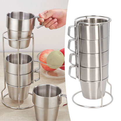 Stainless Steel Camping Cup Set of 4 Double Layer Coffee Mugs with Stand Holder Stackable Outdoor Cups for V1294-YM3118220254711-0421