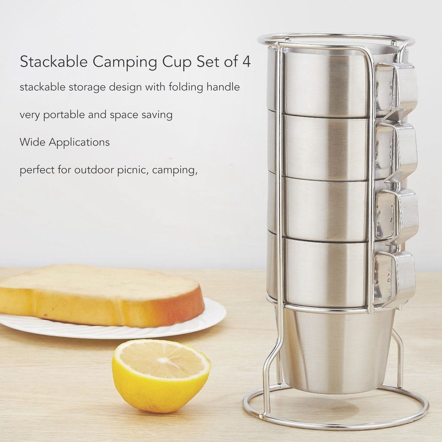 Stainless Steel Camping Cup Set of 4 Double Layer Coffee Mugs with Stand Holder Stackable Outdoor Cups for V1294-YM3118220254711-0421