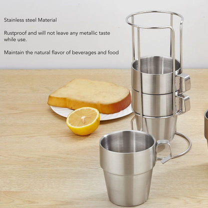 Stainless Steel Camping Cup Set of 4 Double Layer Coffee Mugs with Stand Holder Stackable Outdoor Cups for V1294-YM3118220254711-0421
