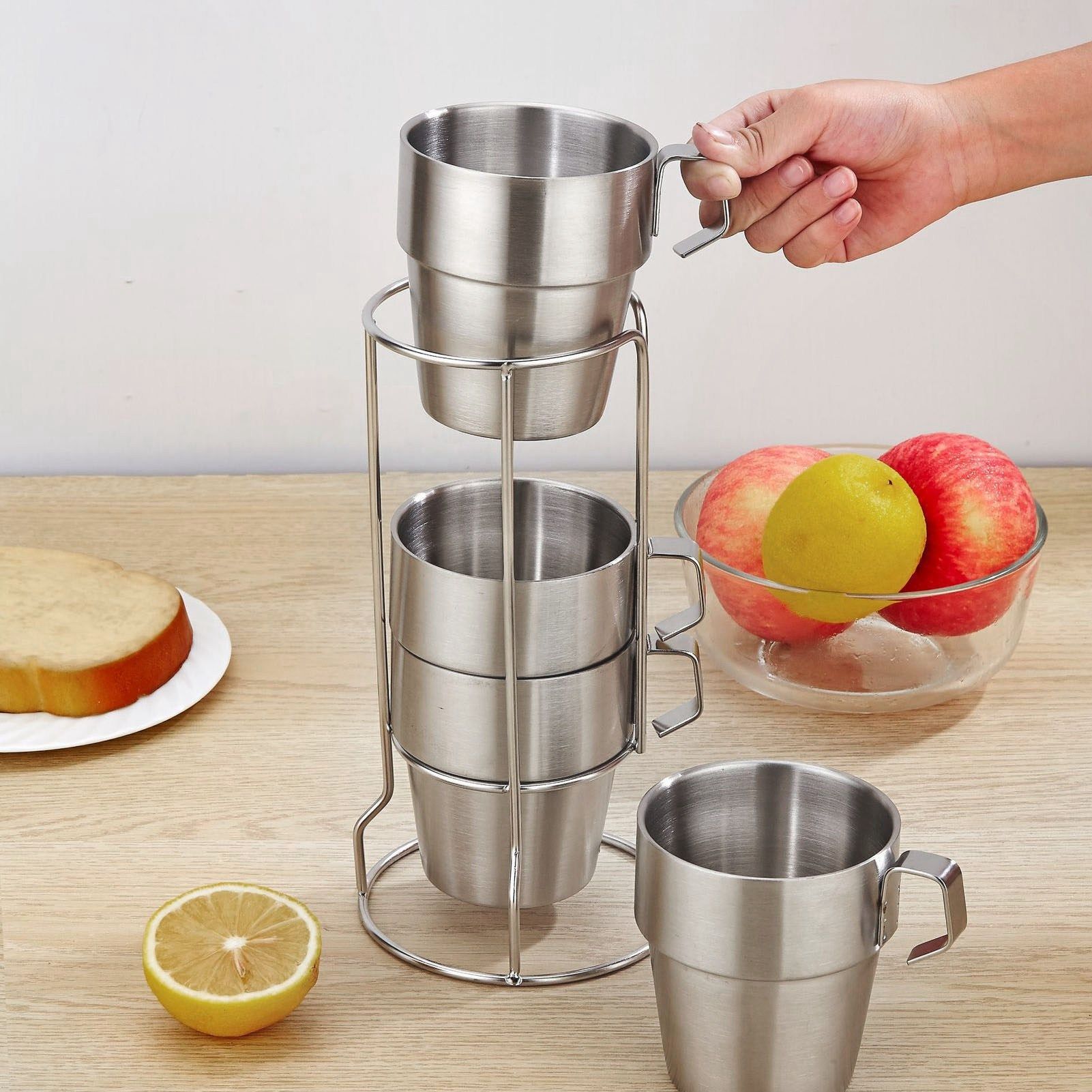 Stainless Steel Camping Cup Set of 4 Double Layer Coffee Mugs with Stand Holder Stackable Outdoor Cups for V1294-YM3118220254711-0421