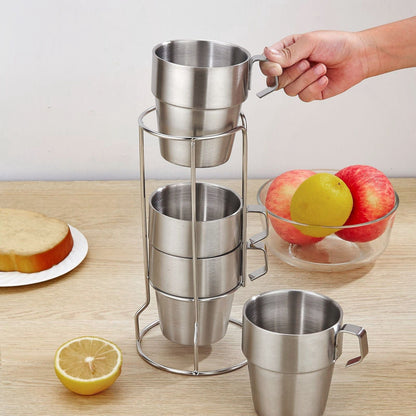 Stainless Steel Camping Cup Set of 4 Double Layer Coffee Mugs with Stand Holder Stackable Outdoor Cups for V1294-YM3118220254711-0421