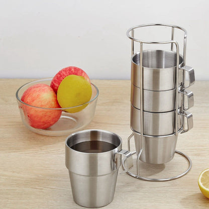 Stainless Steel Camping Cup Set of 4 Double Layer Coffee Mugs with Stand Holder Stackable Outdoor Cups for V1294-YM3118220254711-0421