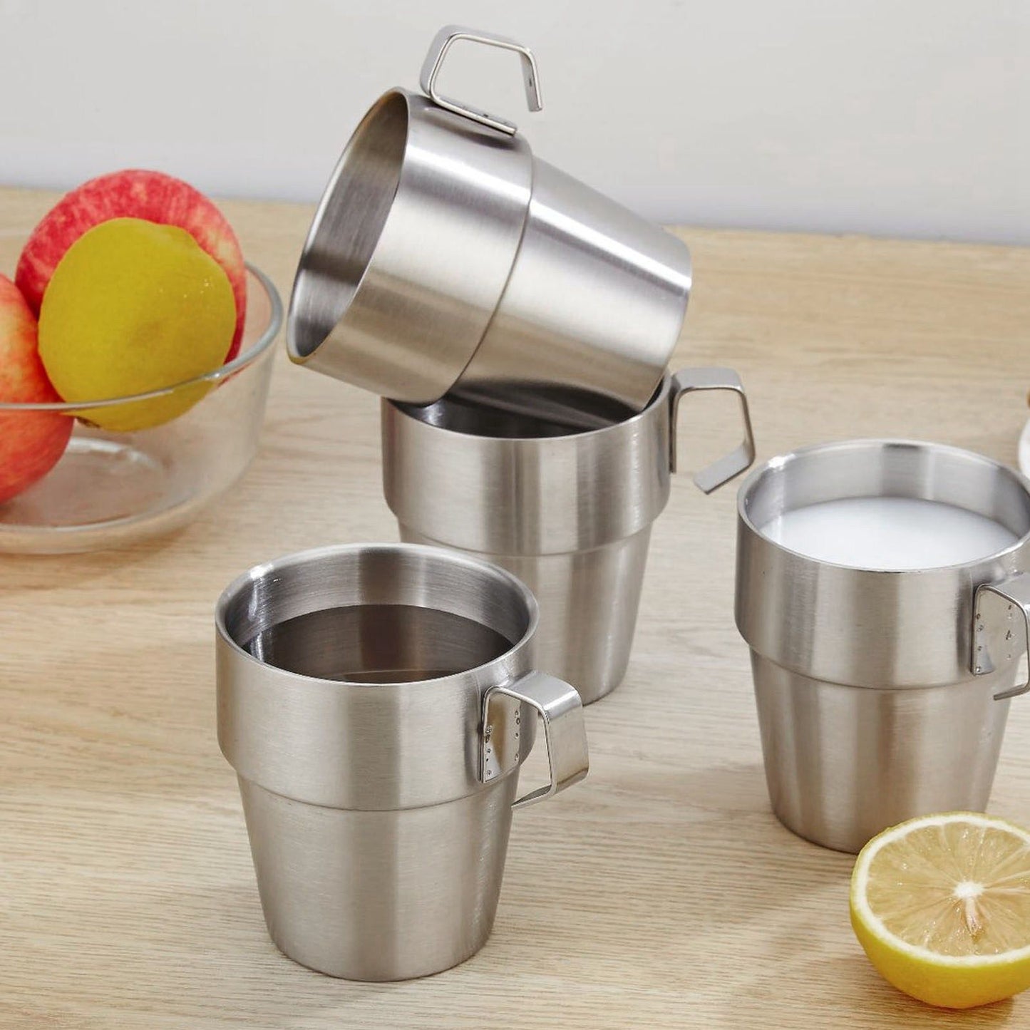Stainless Steel Camping Cup Set of 4 Double Layer Coffee Mugs with Stand Holder Stackable Outdoor Cups for V1294-YM3118220254711-0421