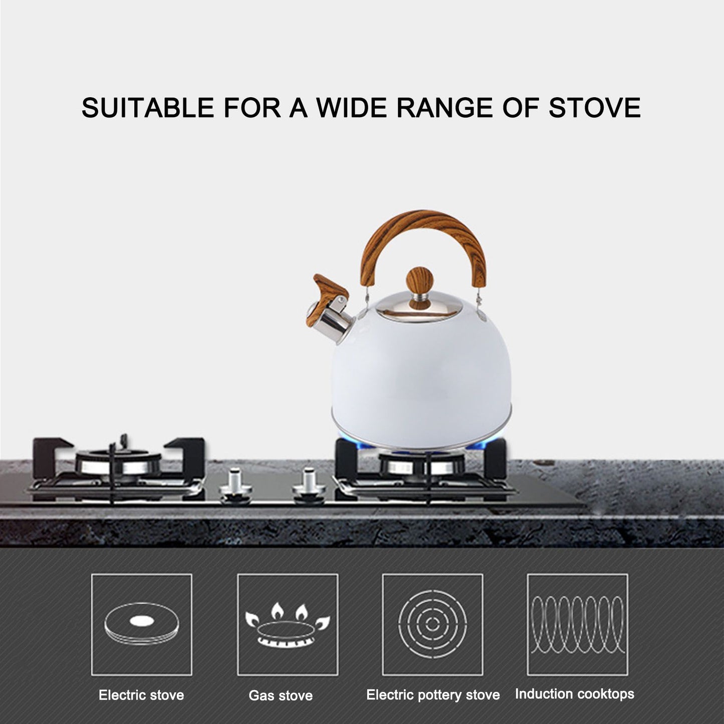 Whistling Kettle 2.5L Capacity White 304 Stainless Steel Fast Heating Ergonomic Handle Home Whistling Kettle V1294-YM3118220255611-0421