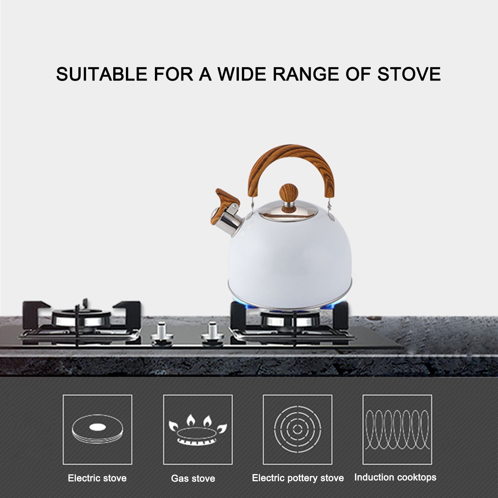 Whistling Kettle 2.5L Capacity White 304 Stainless Steel Fast Heating Ergonomic Handle Home Whistling Kettle V1294-YM3118220255611-0421