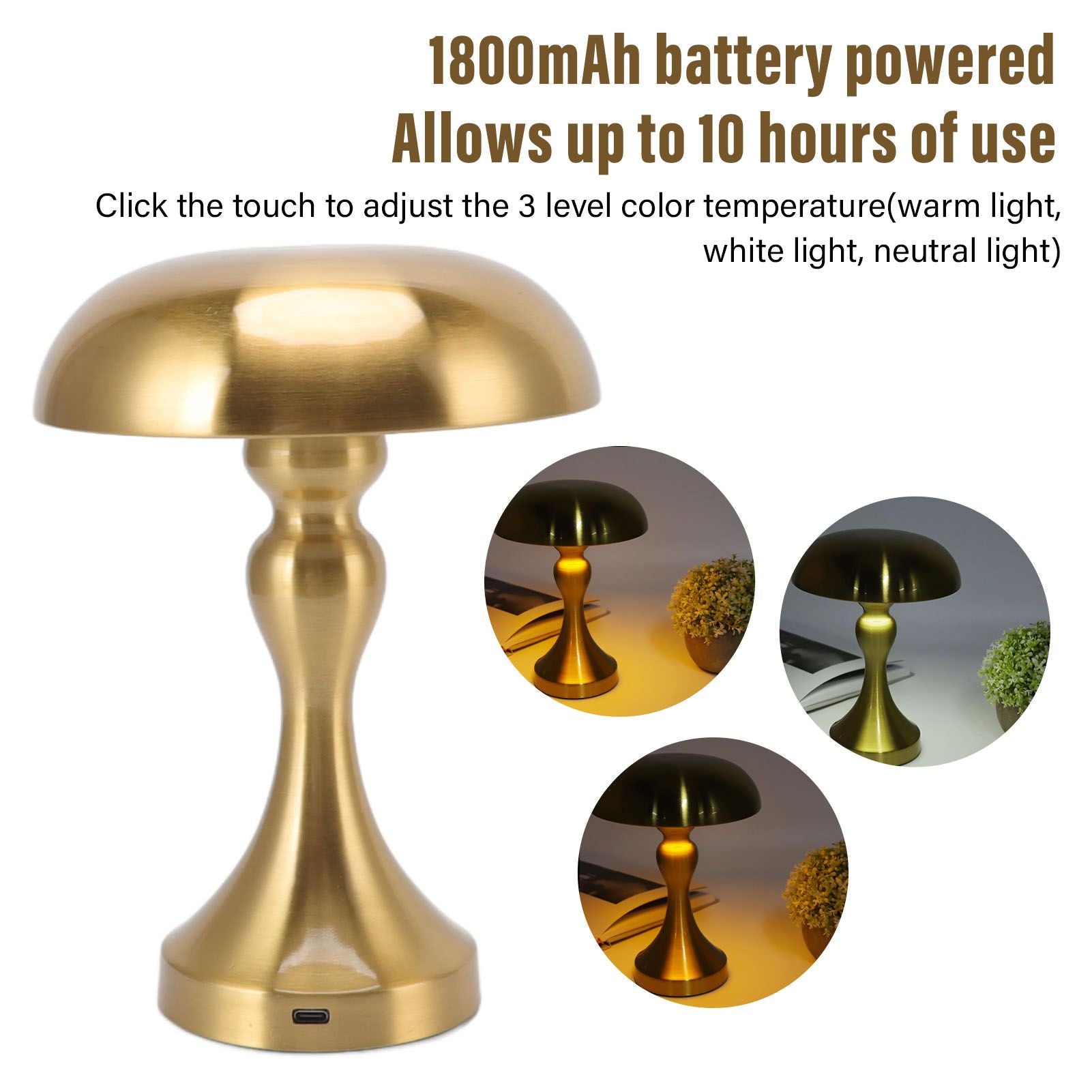 Table Lamp Rechargeable Mushroom Shape 3 Speed Color Temperature Touch Stepless Dimming Night Light for Home V1294-YM3119220146311-0421