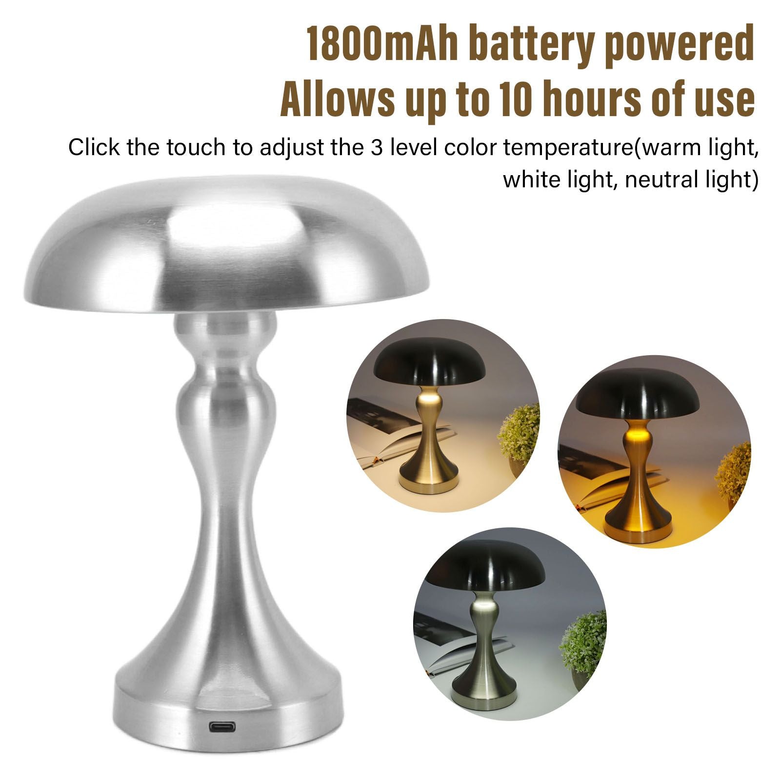 Table Lamp Rechargeable Mushroom Shape 3 Speed Color Temperature Touch Stepless Dimming Night Light for Home V1294-YM3119220146312-0421