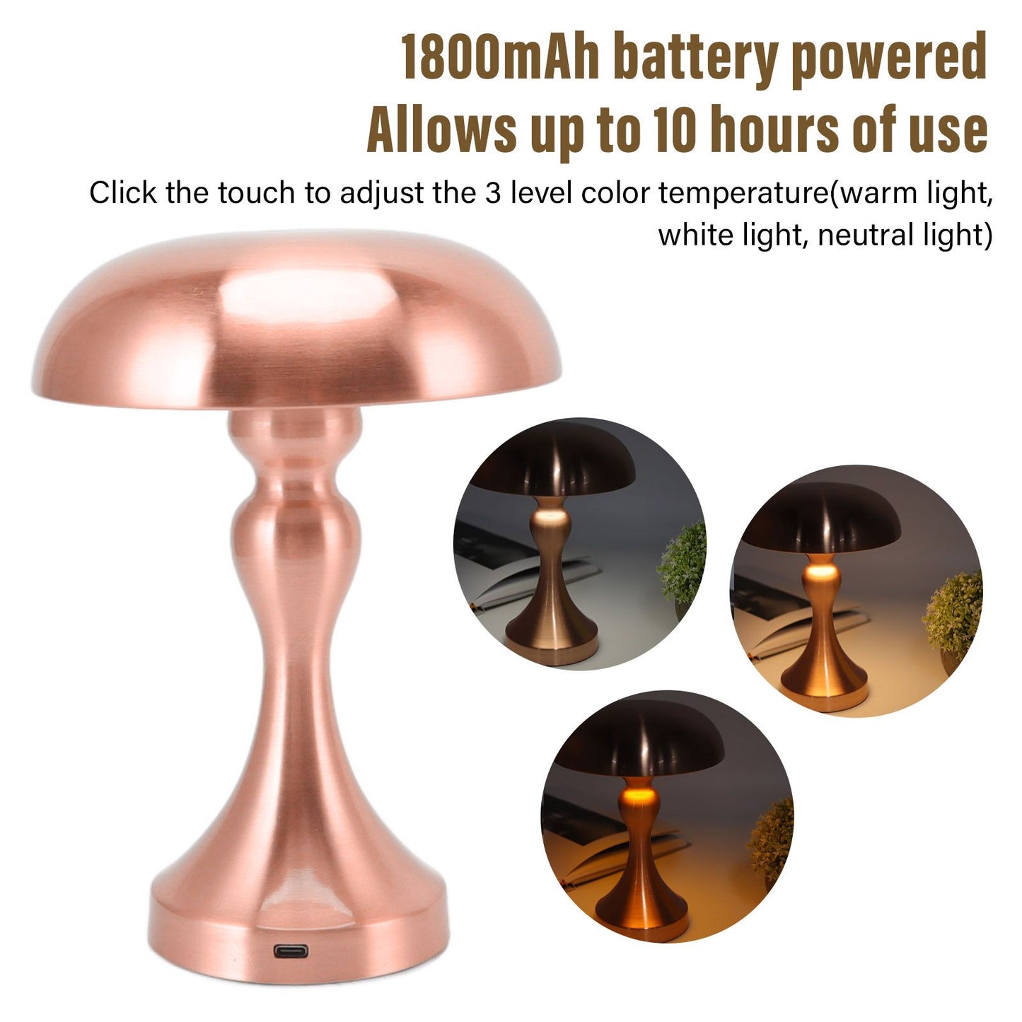 Table Lamp Rechargeable Mushroom Shape 3 Speed Color Temperature Touch Stepless Dimming Night Light for Home V1294-YM3119220146313-0421