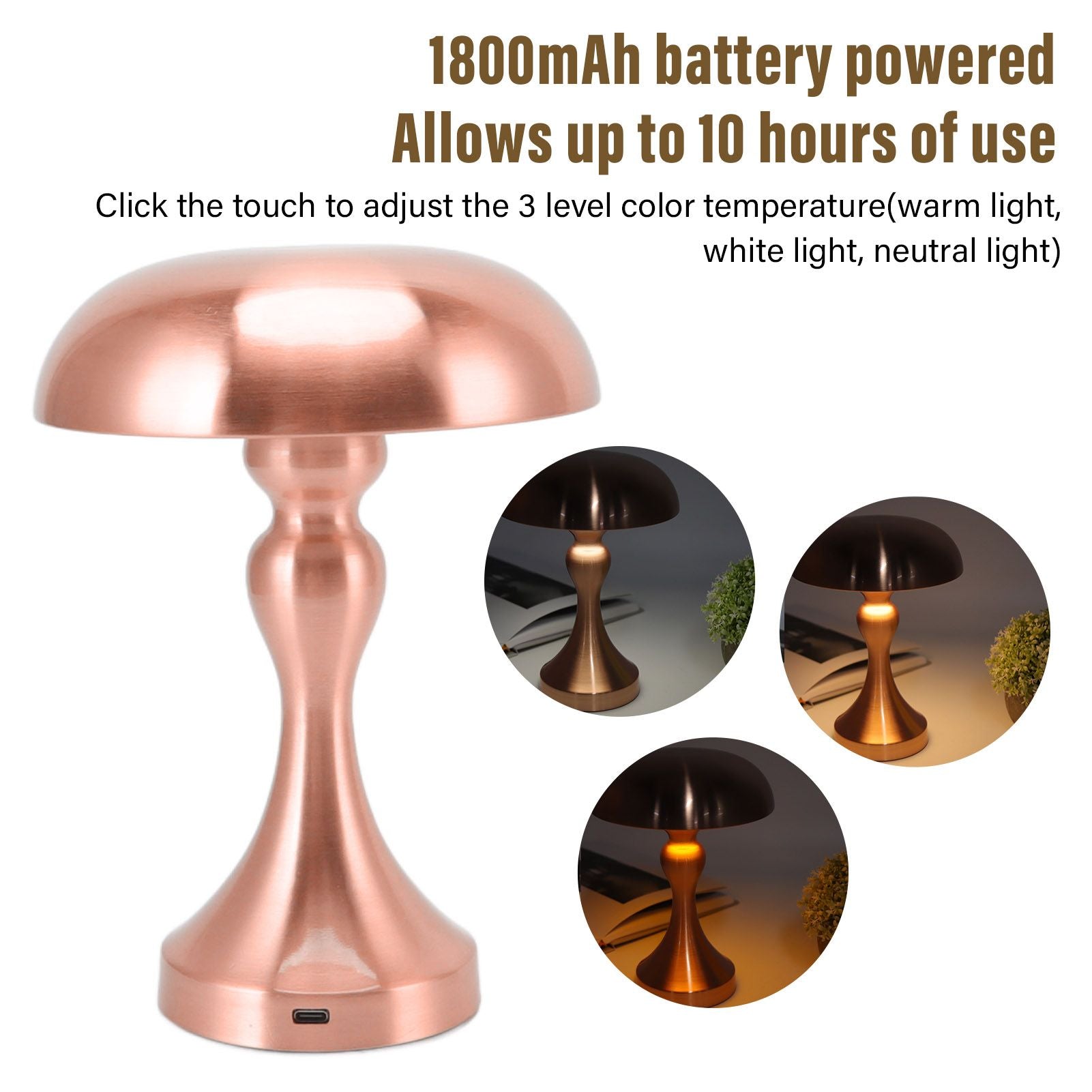 Table Lamp Rechargeable Mushroom Shape 3 Speed Color Temperature Touch Stepless Dimming Night Light for Home V1294-YM3119220146313-0421