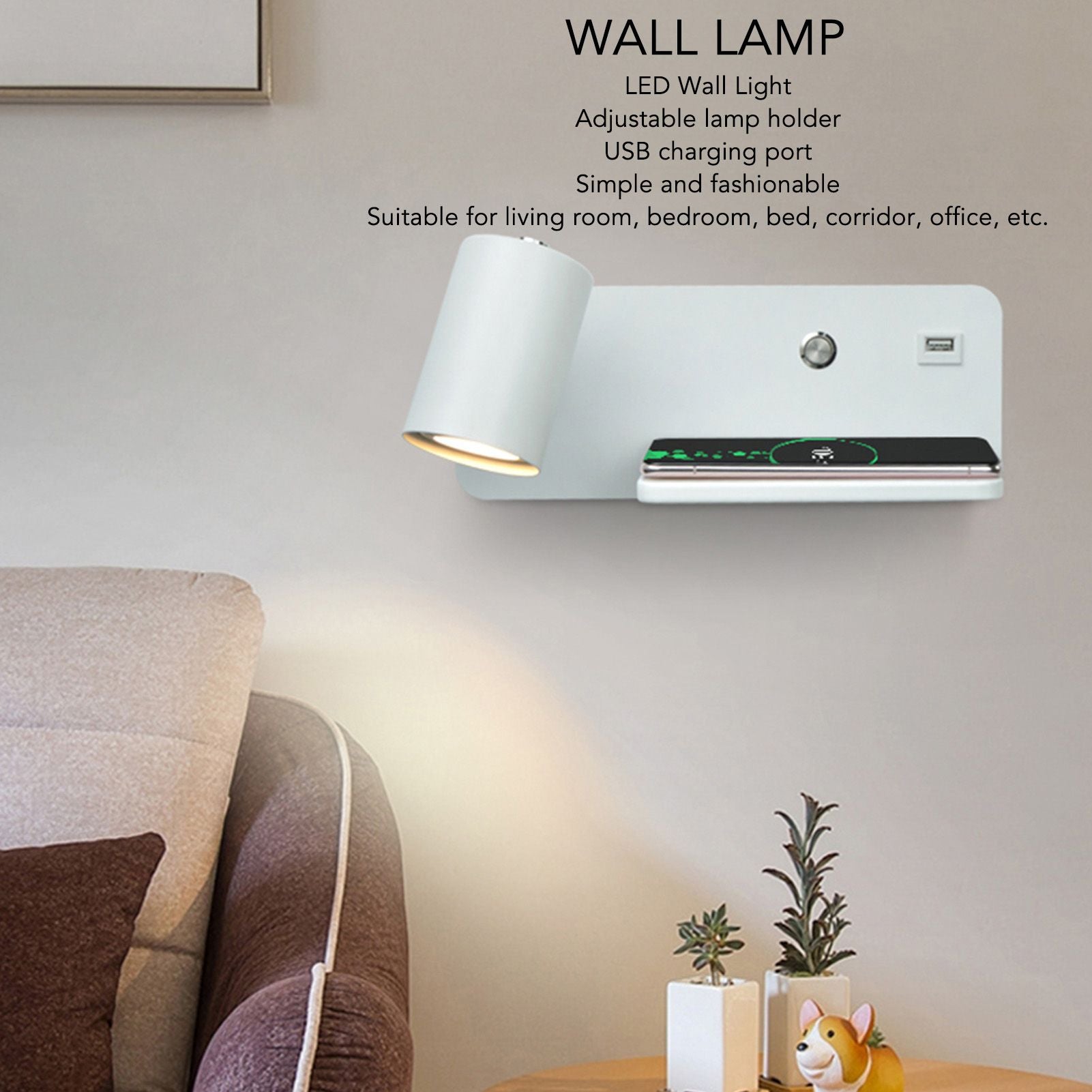 LED Wall Light USB Interface Wireless Charging LED Wall Lamp for Living Room Bedroom 85-265V White Right V1294-YM3119220151211-0421