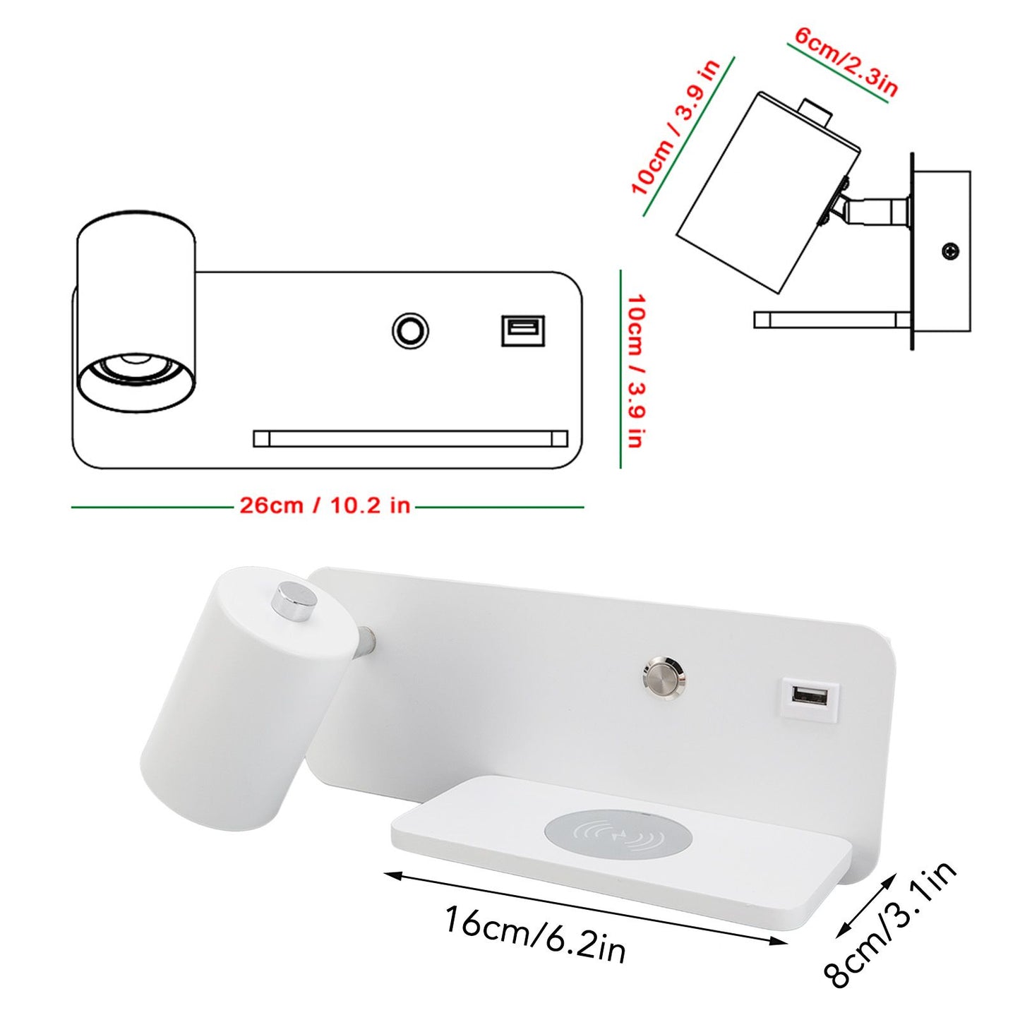 LED Wall Light USB Interface Wireless Charging LED Wall Lamp for Living Room Bedroom 85-265V White Left V1294-YM3119220151212-0421