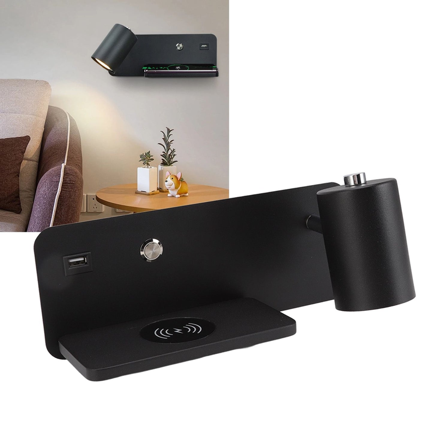 LED Wall Light USB Interface Wireless Charging LED Wall Lamp for Living Room Bedroom 85-265V Black Right V1294-YM3119220151213-0421