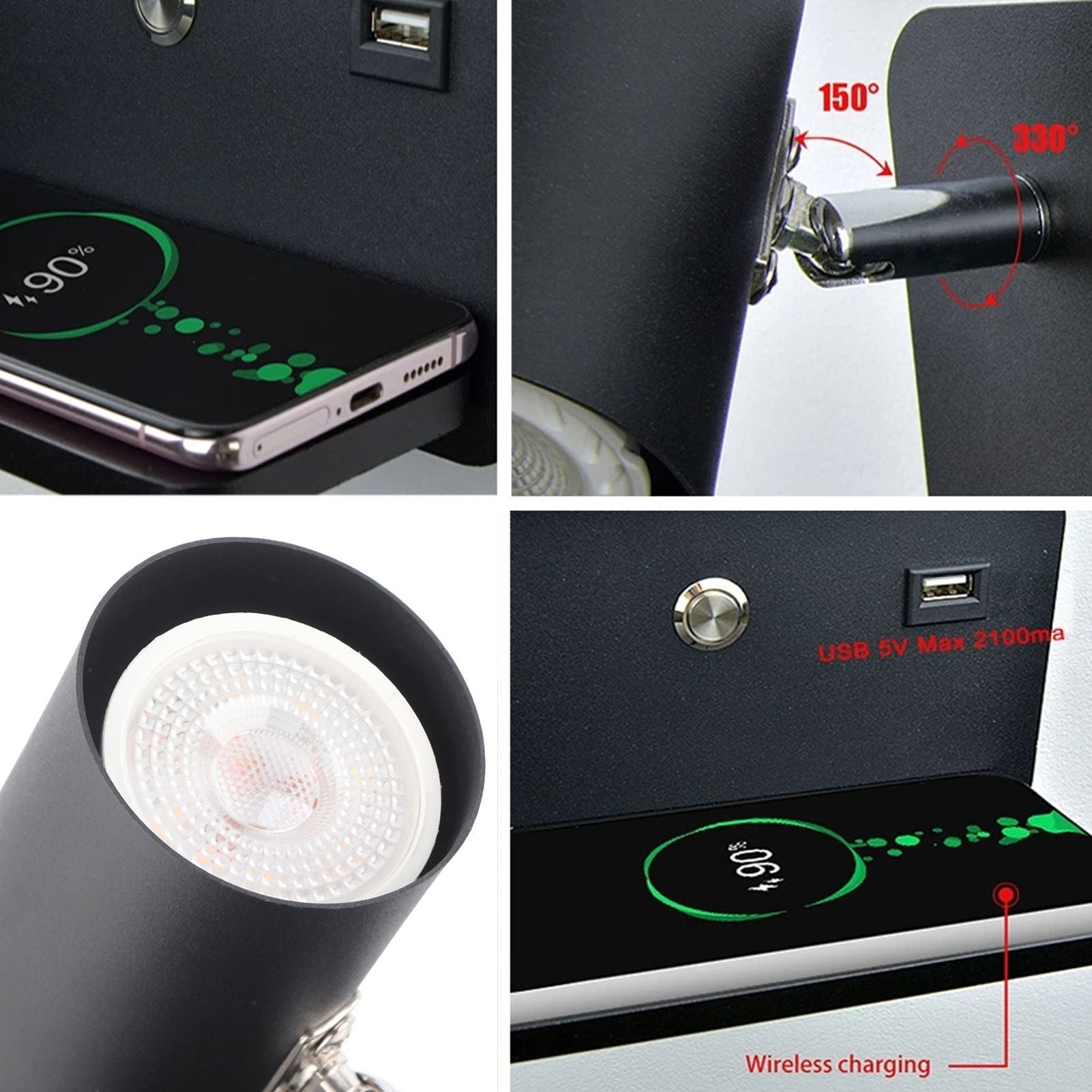 LED Wall Light USB Interface Wireless Charging LED Wall Lamp for Living Room Bedroom 85-265V Black Right V1294-YM3119220151213-0421