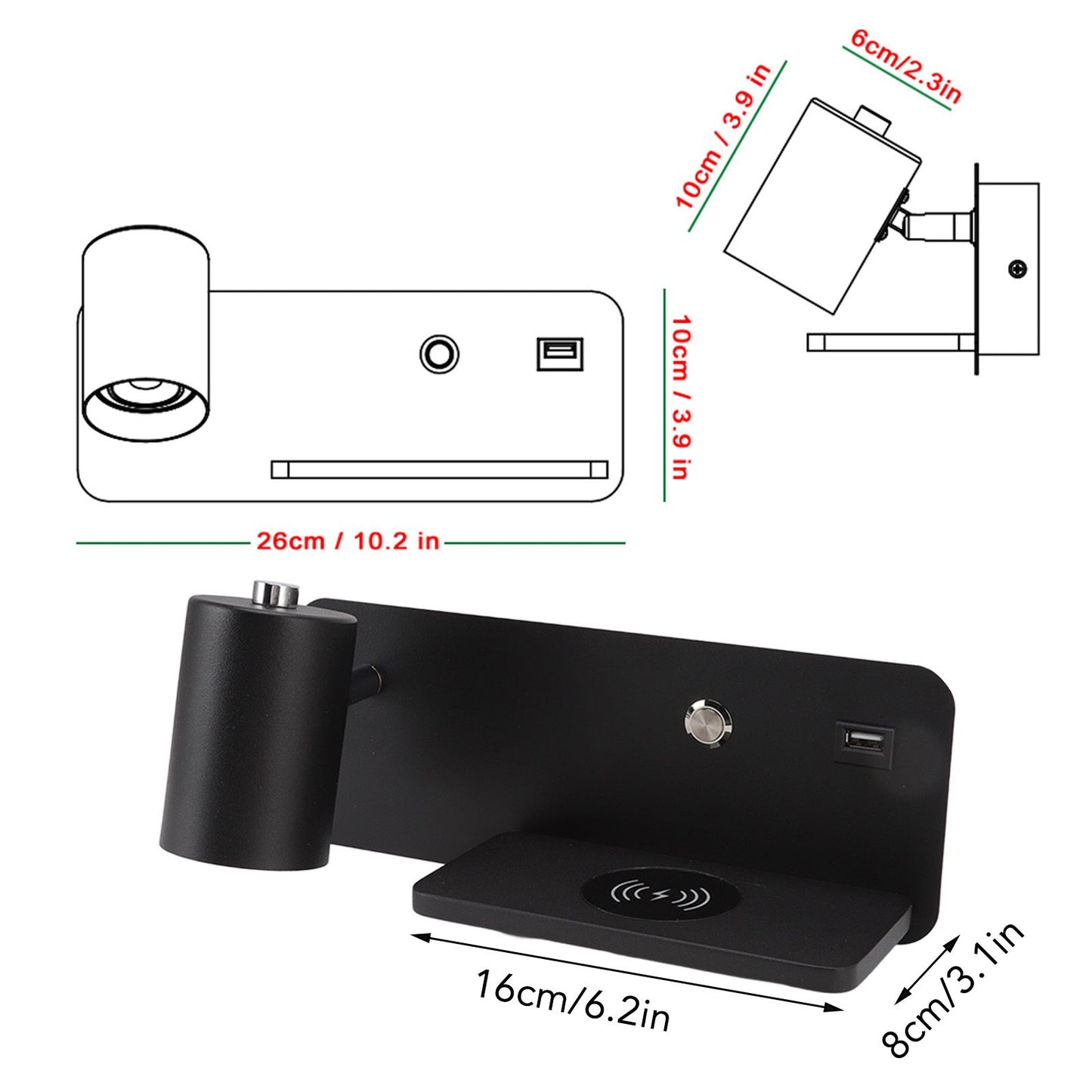 LED Wall Light USB Interface Wireless Charging LED Wall Lamp for Living Room Bedroom 85-265V Black Left V1294-YM3119220151214-0421