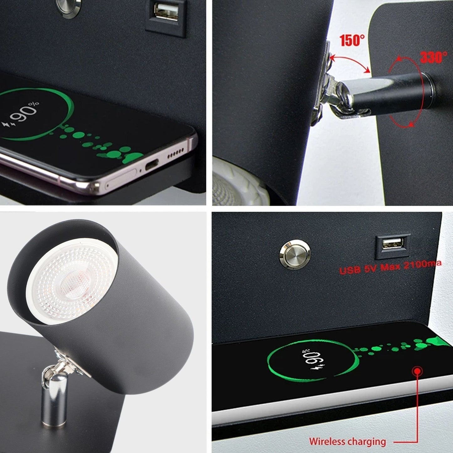LED Wall Light USB Interface Wireless Charging LED Wall Lamp for Living Room Bedroom 85-265V Black Left V1294-YM3119220151214-0421
