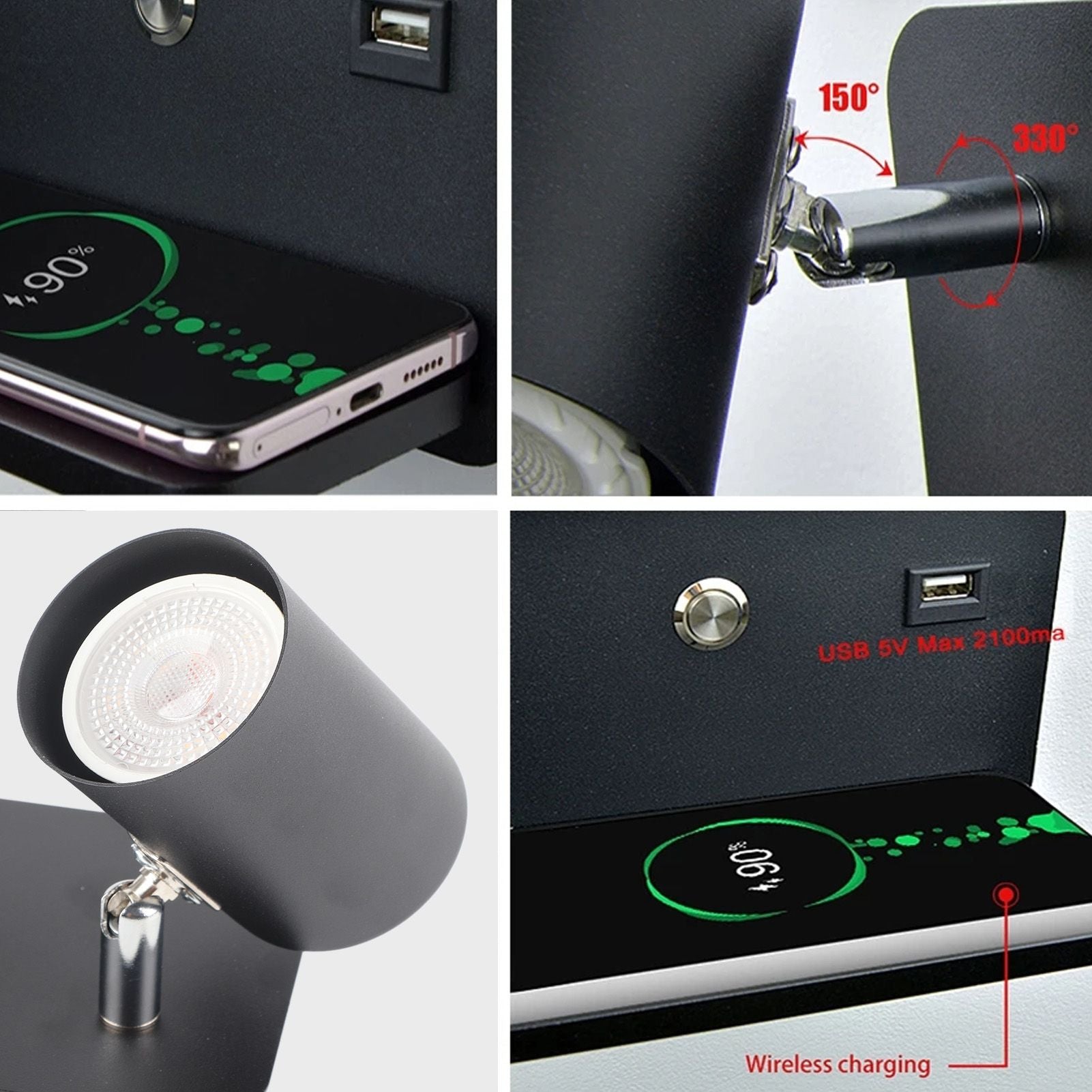 LED Wall Light USB Interface Wireless Charging LED Wall Lamp for Living Room Bedroom 85-265V Black Left V1294-YM3119220151214-0421