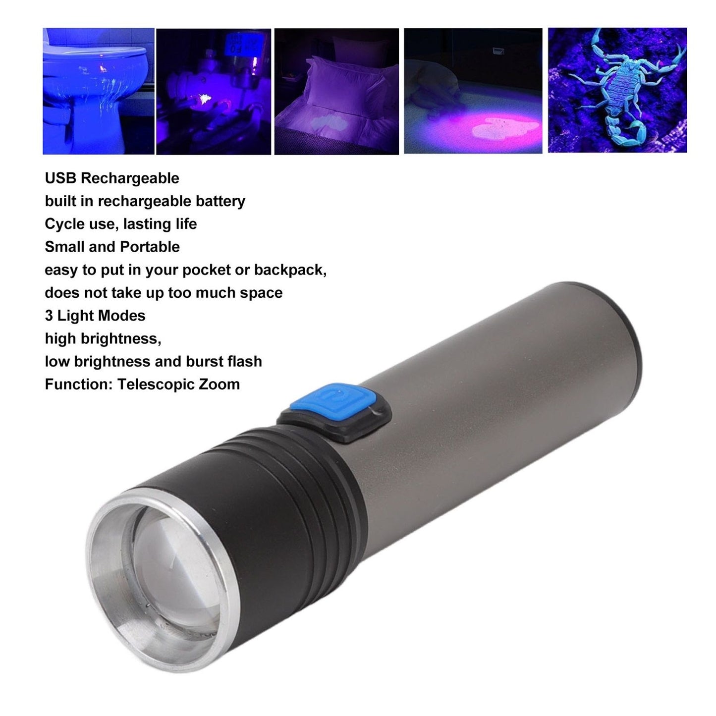 365nm UV Flashlight USB Rechargeable LED Mini Portable Handheld Torch Detector for Pet Urine Counterfeit V1294-YM3119220155611-0421