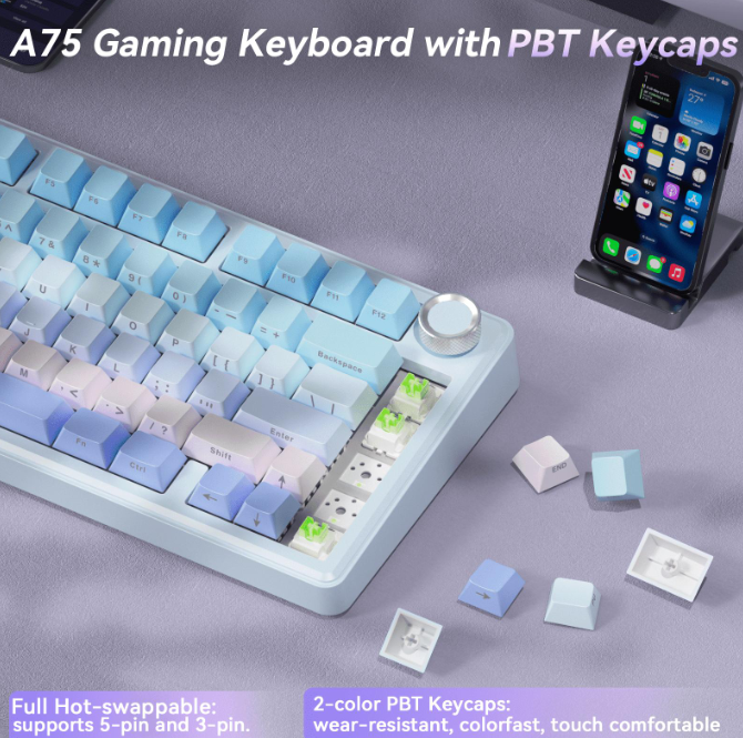 Solakaka A75 3-Mode RGB Mechanical Keyboard, Blue-Purple V1300-A75-BLUE-PURPLE