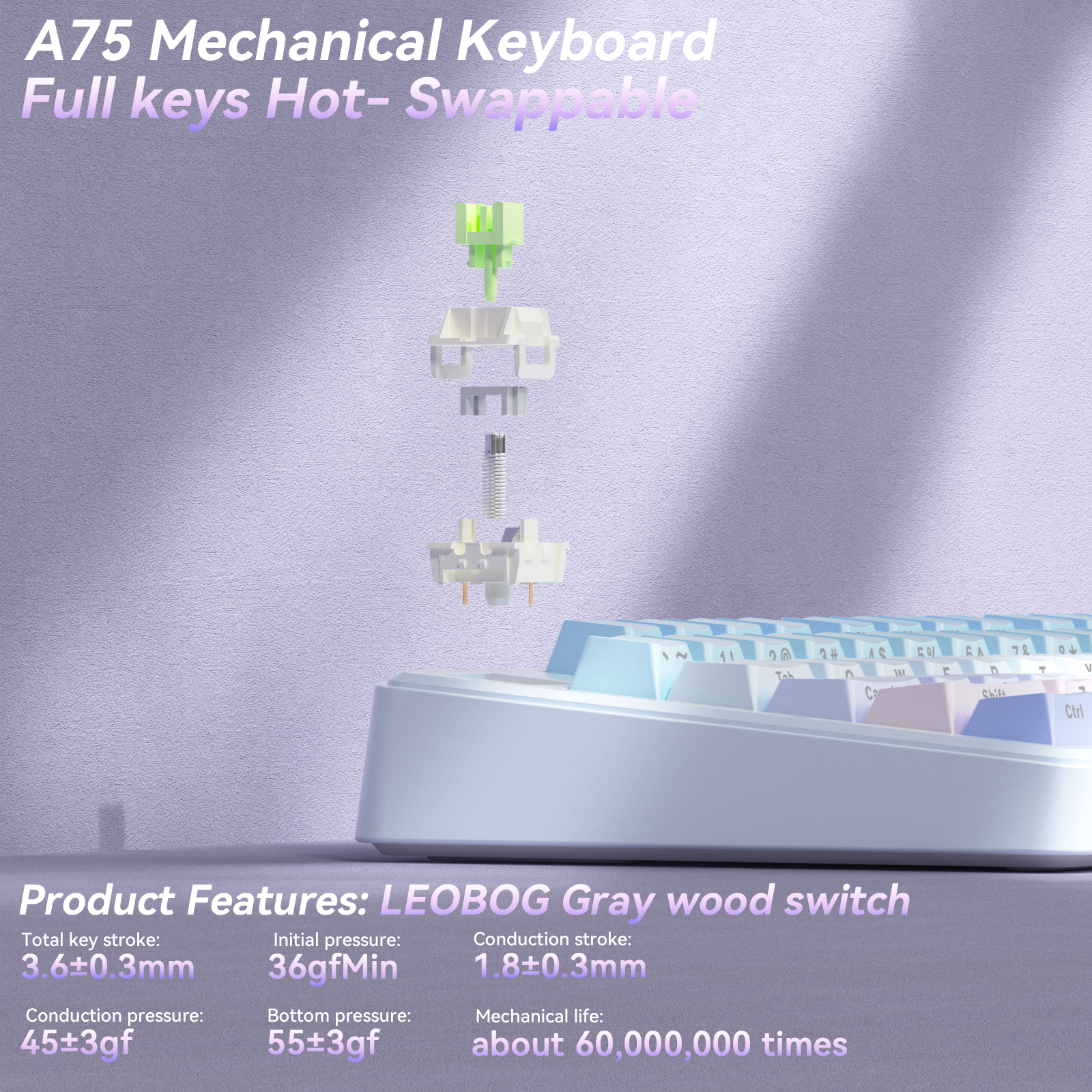 Solakaka A75 3-Mode RGB Mechanical Keyboard, Blue-Purple V1300-A75-BLUE-PURPLE