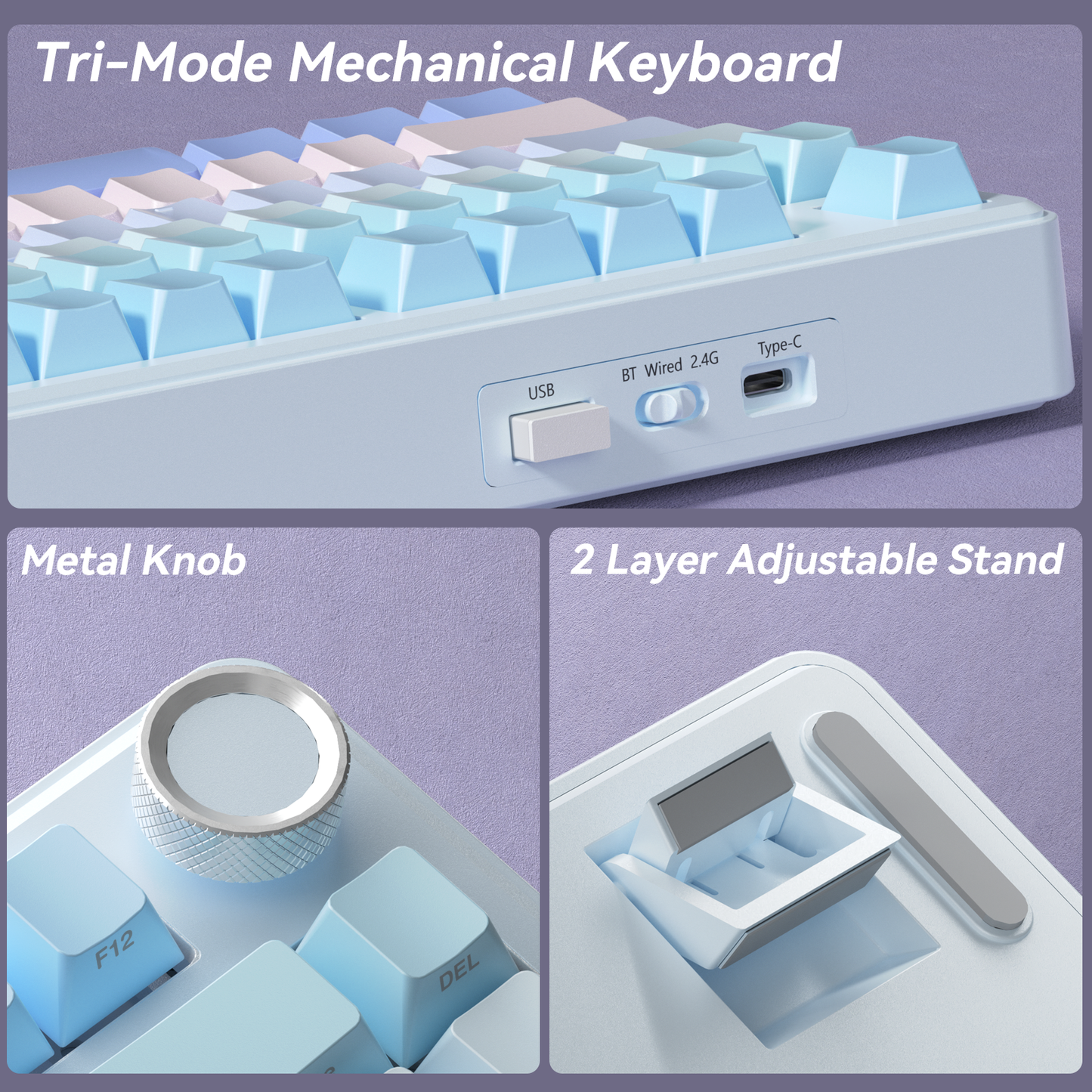 Solakaka A75 3-Mode RGB Mechanical Keyboard, Blue-Purple V1300-A75-BLUE-PURPLE