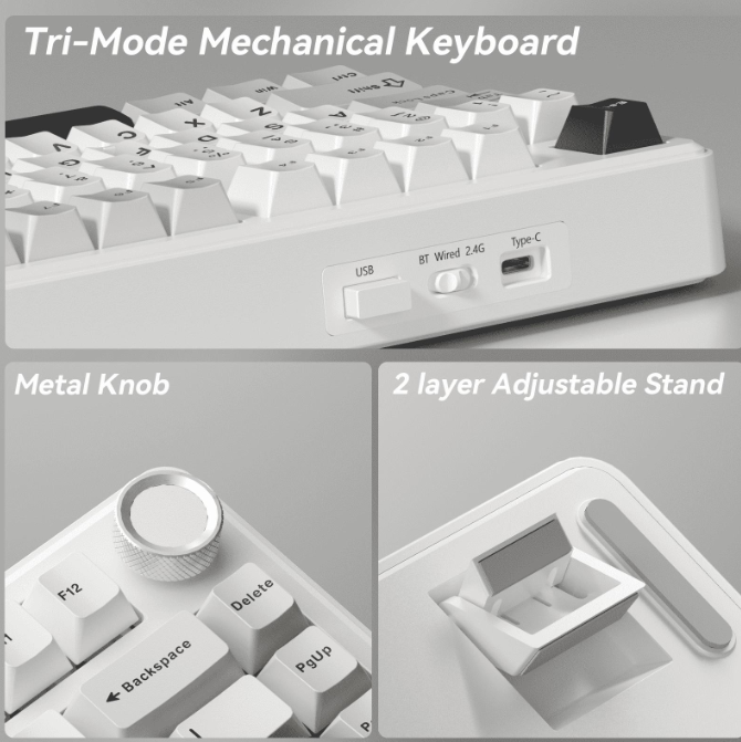 Solakaka A75 3-Mode RGB Mechanical Keyboard,White-Gray V1300-A75-WHITE-GRAY