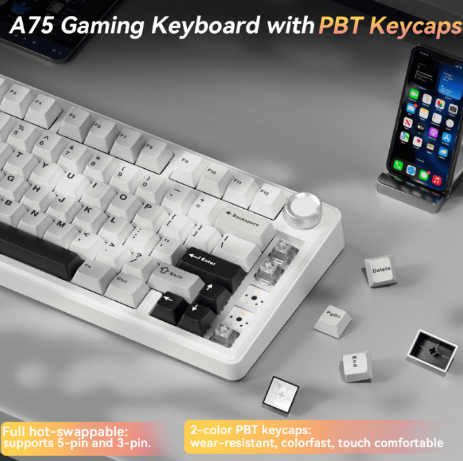 Solakaka A75 3-Mode RGB Mechanical Keyboard,White-Gray V1300-A75-WHITE-GRAY
