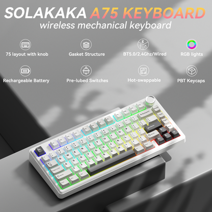 Solakaka A75 3-Mode RGB Mechanical Keyboard,White-Gray V1300-A75-WHITE-GRAY