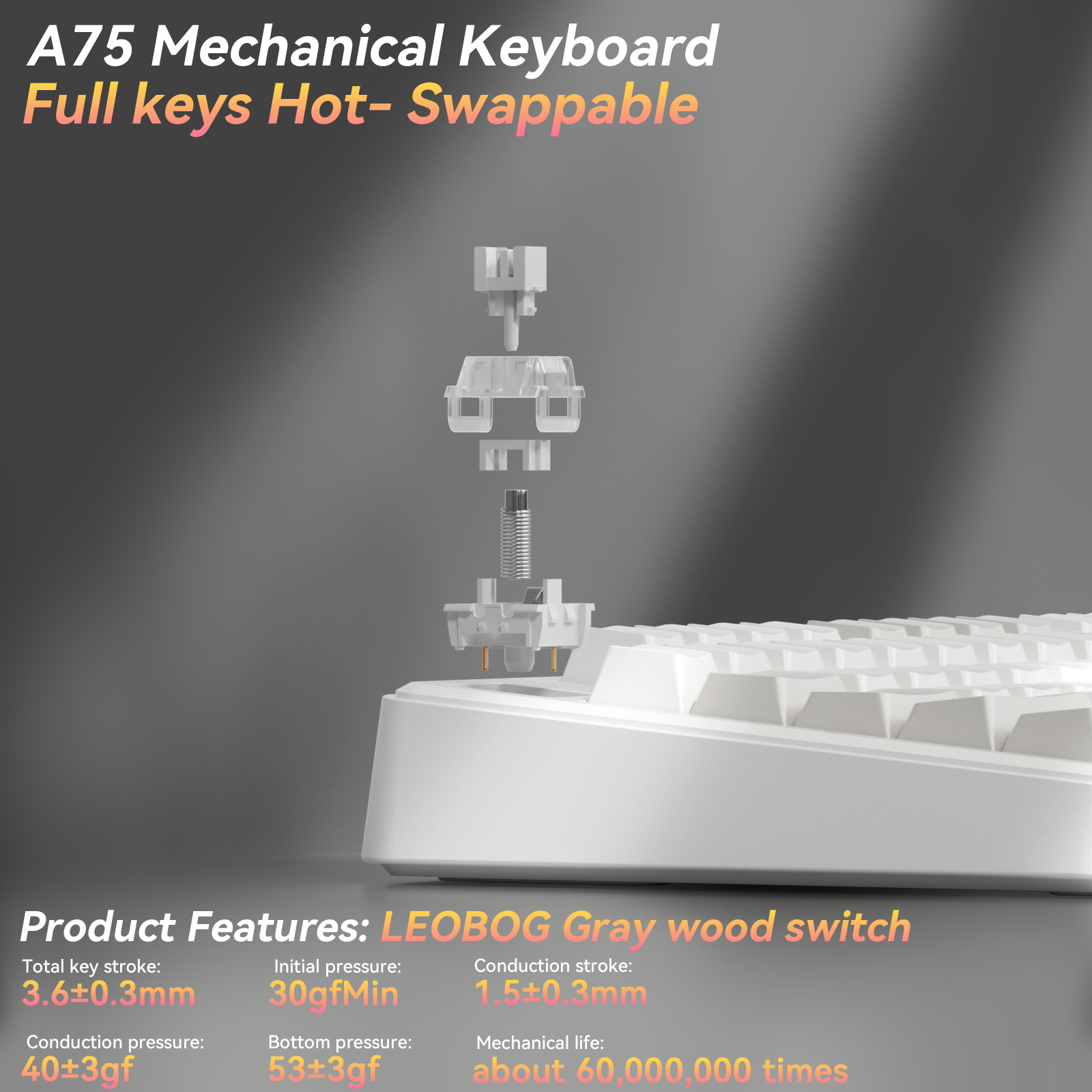 Solakaka A75 3-Mode RGB Mechanical Keyboard,White-Gray V1300-A75-WHITE-GRAY