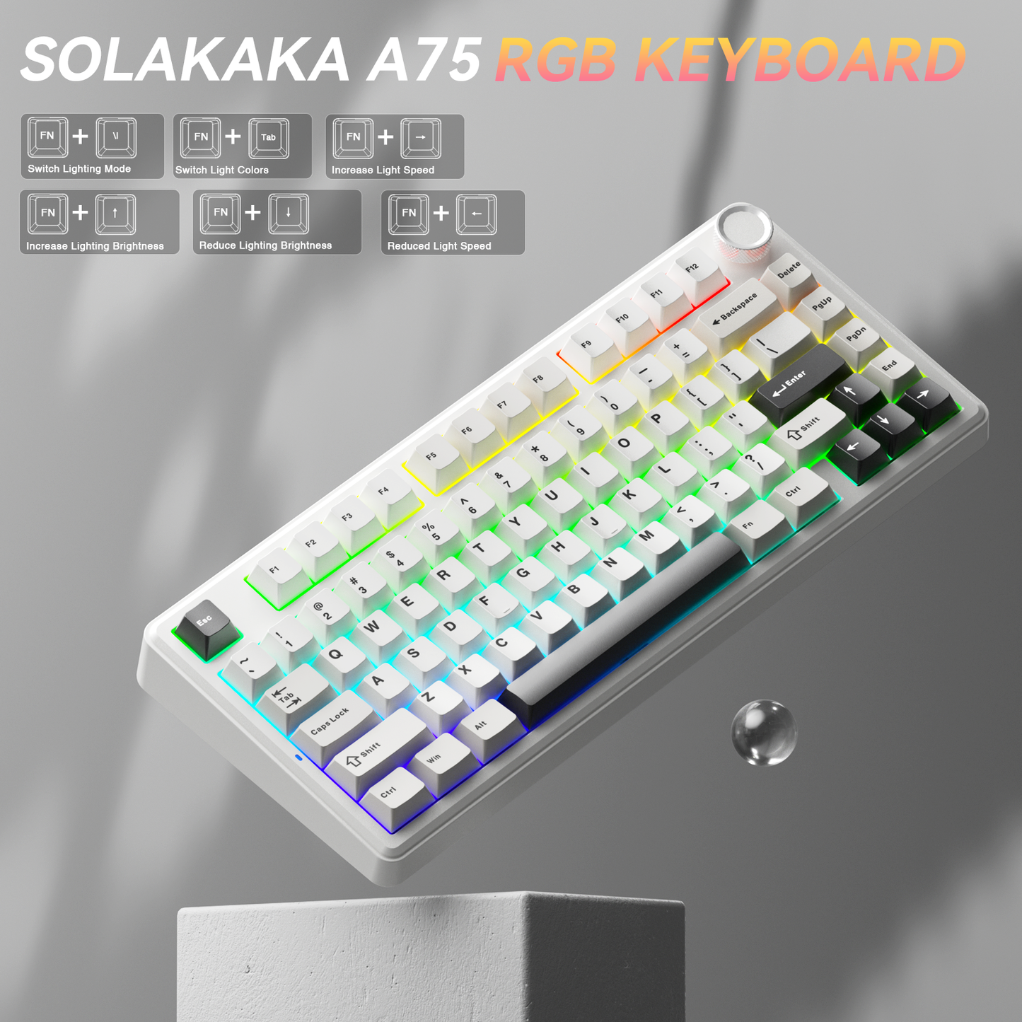 Solakaka A75 3-Mode RGB Mechanical Keyboard,White-Gray V1300-A75-WHITE-GRAY