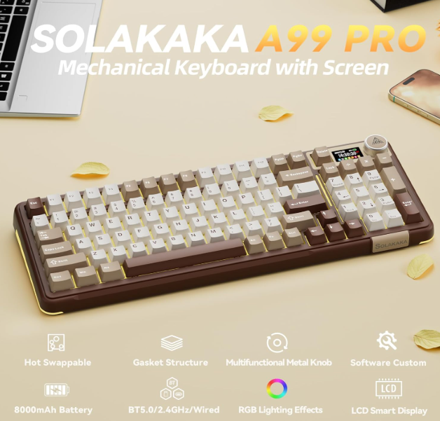 Solakaka A99PRO 3-Mode RGB Mechanical Keyboard, Milk-Coffee-Brown V1300-A99PRO-MILK-COFFEE-BROWN