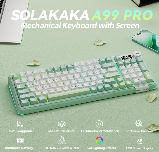Solakaka A99PRO 3-Mode RGB Mechanical Keyboard, White-Green V1300-A99PRO-WHITE-GREEN