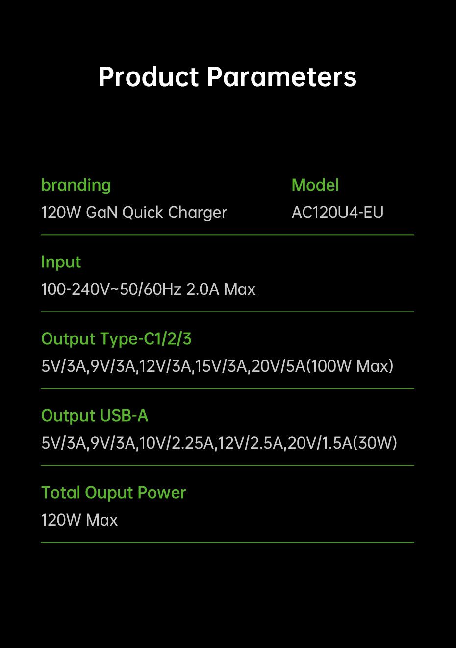 AC120U4-EU 120W USB C Charger, 4-Port Fast Charging Block, black V1300-AC120U4