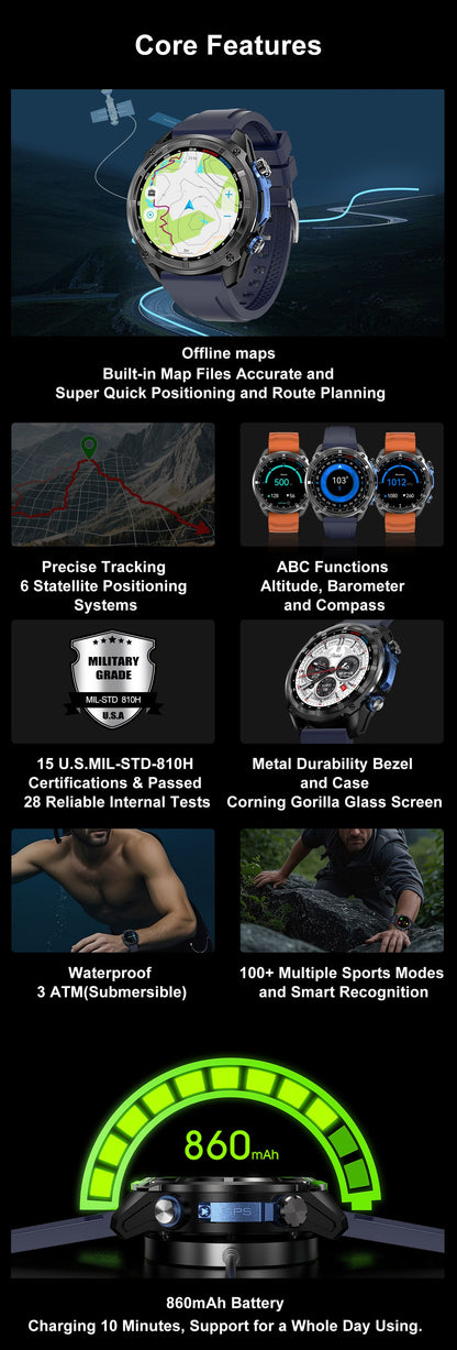 DTG1 GPS Smart Watch, AMOLED Touchscreen, 860mAh Battery, 3ATM Waterproof, Bluetooth Call,Blue V1300-DTG1-BLUE