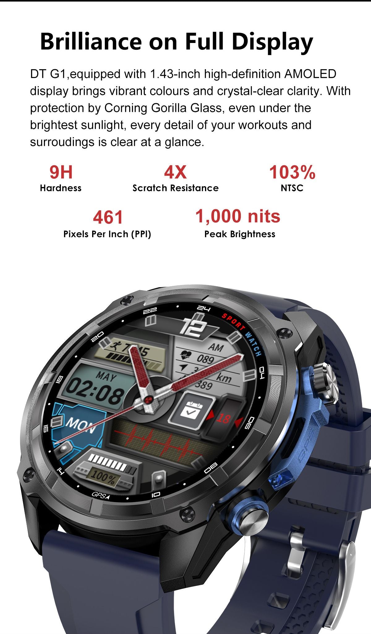 DTG1 GPS Smart Watch, AMOLED Touchscreen, 860mAh Battery, 3ATM Waterproof, Bluetooth Call,Blue V1300-DTG1-BLUE