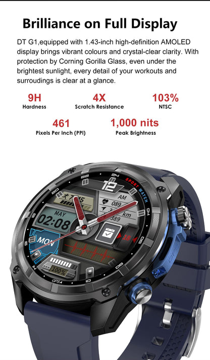 DTG1 GPS Smart Watch, AMOLED Touchscreen, 860mAh Battery, 3ATM Waterproof, Bluetooth Call,Blue V1300-DTG1-BLUE