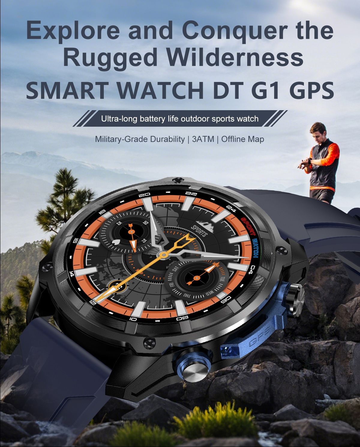 DTG1 GPS Smart Watch, AMOLED Touchscreen, 860mAh Battery, 3ATM Waterproof, Bluetooth Call,Orange V1300-DTG1-ORANGE