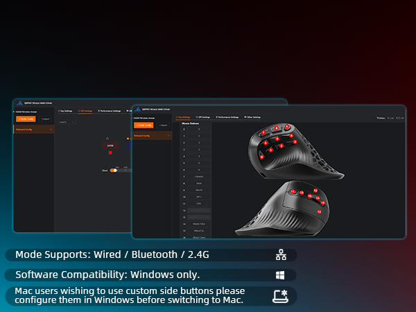 Solakaka E9PRO Tri-Mode Vertical Ergonomic MMO Gaming Mouse, 10 Programmable Side Buttons, RGB Backlit V1300-E9PRO-BLACK-GRAY